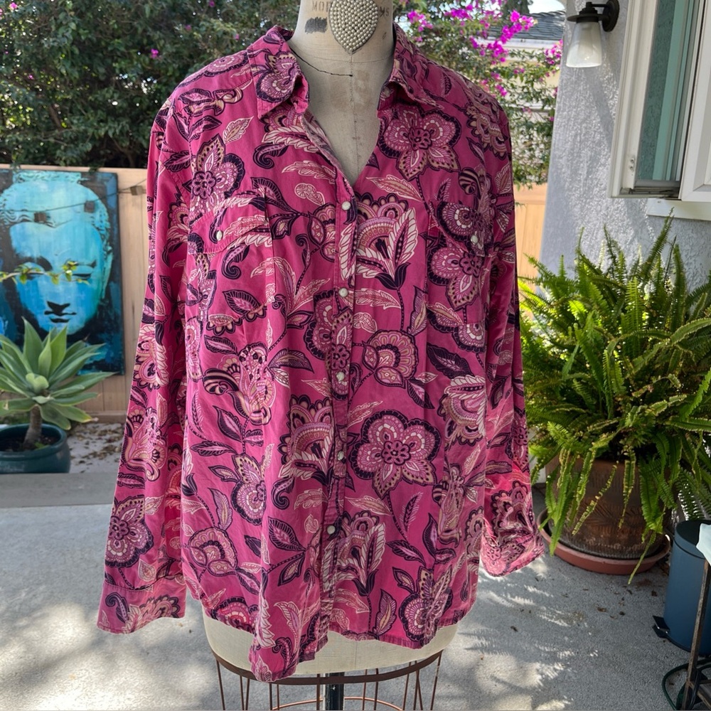 Izod Women’s Pink Purple paisley snap front long sleeve shirt 3X 100% Cotton
